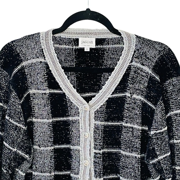 VINTAGE Black & White Plaid Silver Sparkle Cardigan Sweater SZ Small - Picture 3 of 12
